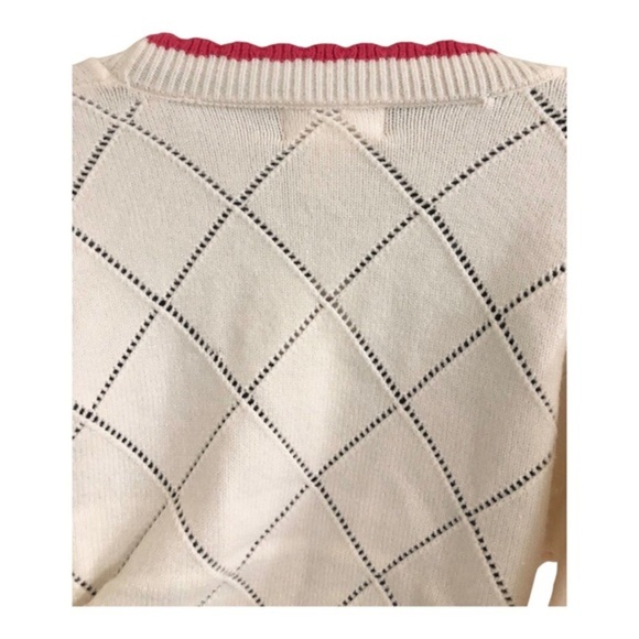 Jessica Simpson cream & pink scalloped trim cherry diamond pattern cardigan sz M - Picture 16 of 17